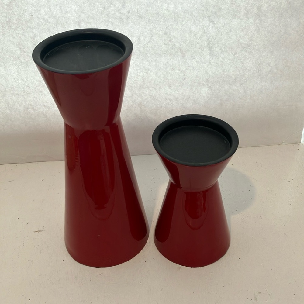 2 Crate and Barrel red metal candle holders. Preowned Mid Century modern look.